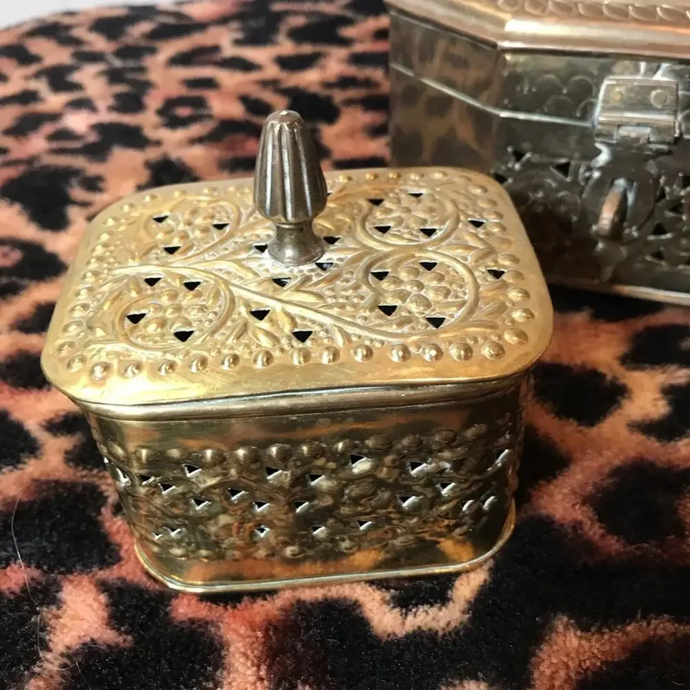 VINTAGE 70s BRASS BOXES with Floral designs KEEPSAKE OR POTPOURRI HOLDERS